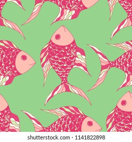 Tropical Fish. Seamless Pattern with Colorful Fish Hand Drawn in Doodle Style. Sea Pattern for Paper, Chintz, Print. Bright Simple Texture in Trendy Colors. Vector Illustration.