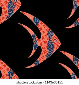 Tropical Fish. Seamless Pattern with Colorful Fish Hand Drawn in Zentangle Style. Sea Pattern for Textile, Fabric, Print. Bright Simple Texture in Trendy Colors. Vector Illustration.