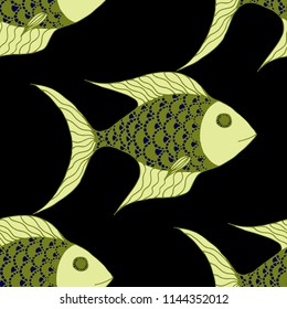 Tropical Fish. Seamless Pattern with Colorful Fish Hand Drawn in Comic Style. Sea Pattern for Paper, Chintz, Swimwear. Bright Simple Texture in Trendy Colors. Vector Illustration.