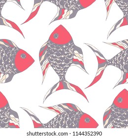 Tropical Fish. Seamless Pattern with Colorful Fish Hand Drawn in Comic Style. Sea Pattern for Paper, Fabric, Print. Bright Simple Texture in Trendy Colors. Vector Illustration.