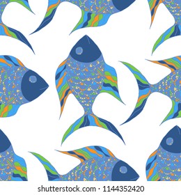 Tropical Fish. Seamless Pattern with Colorful Fish Hand Drawn in Comic Style. Sea Pattern for Textile, Fabric, Print. Bright Simple Texture in Trendy Colors. Vector Illustration.