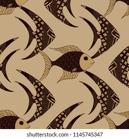 Tropical Fish. Seamless Pattern with Colorful Fish Hand Drawn in Primitive Style. Sea Pattern for Textile, Fabric, Print. Bright Simple Texture in Trendy Colors. Vector Illustration.