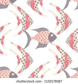 Tropical Fish. Seamless Pattern with Colorful Fish Hand Drawn in Childish Style. Sea Pattern for Paper, Chintz, Print. Bright Simple Texture in Trendy Colors. Vector Illustration.