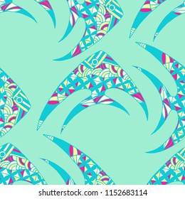 Tropical Fish. Seamless Pattern with Colorful Fish Hand Drawn in Doodle Style. Sea Pattern for Paper, Chintz, Print. Bright Simple Texture in Trendy Colors. Vector Illustration.