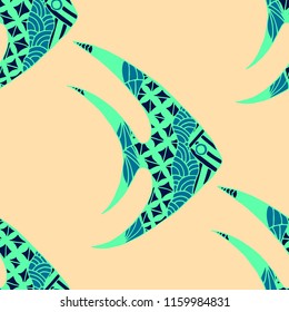 Tropical Fish. Seamless Pattern with Colorful Fish Hand Drawn in Zentangle Style. Sea Pattern for Paper, Chintz, Swimwear. Bright Simple Texture in Trendy Colors. Vector Illustration.