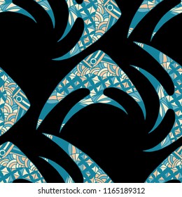 Tropical Fish. Seamless Pattern with Colorful Fish Hand Drawn in Primitive Style. Sea Pattern for Paper, Fabric, Print. Bright Simple Texture in Trendy Colors. Vector Illustration.