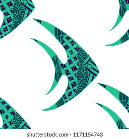 Tropical Fish. Seamless Pattern with Colorful Fish Hand Drawn in Zentangle Style. Sea Pattern for Textile, Fabric, Print. Bright Simple Texture in Trendy Colors. Vector Illustration.