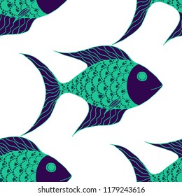 Tropical Fish. Seamless Pattern with Colorful Fish Hand Drawn in Comic Style. Sea Pattern for Paper, Chintz, Swimwear. Bright Simple Texture in Trendy Colors. Vector Illustration.