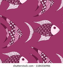 Tropical Fish. Seamless Pattern with Colorful Fish Hand Drawn in Primitive Style. Sea Pattern for Paper, Chintz, Swimwear. Bright Simple Texture in Trendy Colors. Vector Illustration.