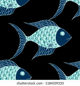Tropical Fish. Seamless Pattern with Colorful Fish Hand Drawn in Primitive Style. Sea Pattern for Paper, Chintz, Print. Bright Simple Texture in Trendy Colors. Vector Illustration.