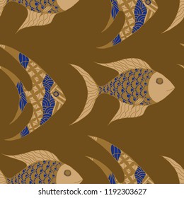 Tropical Fish. Seamless Pattern with Colorful Fish Hand Drawn in Doodle Style. Sea Pattern for Textile, Fabric, Print. Bright Simple Texture in Trendy Colors. Vector Illustration.