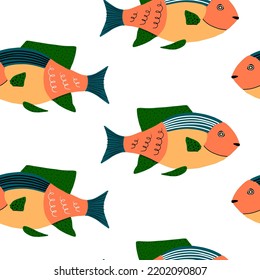 Tropical fish seamless pattern. Hand drawn multi-colored exotic fish background. Vector