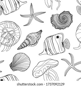 Tropical fish, seashell, jellyfish and starfish vector seamless pattern. Hand drawn underwater illustration. Outline black and white exotic marine life. Cartoon doodle butterflyfish and shells