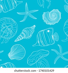 Tropical fish, seashell, jellyfish and starfish vector seamless pattern. Hand drawn underwater illustration. Outline white exotic marine life on blue water background. Contour butterflyfish and shells