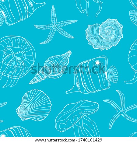 Tropical fish, seashell, jellyfish and starfish vector seamless pattern. Hand drawn underwater illustration. Outline white exotic marine life on blue water background. Contour butterflyfish and shells