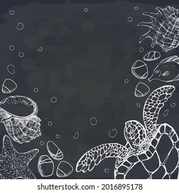 Tropical fish, seashell, starfish and sea turtle on chalkboard. Vector illustration. Template for sea food restaurant menu. Perfect for invitation, postcard, banner. Tourism, travel and adventure.