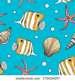 Tropical fish, seashell and starfish vector seamless pattern. Hand drawn underwater illustration. Copperband butterflyfish on blue water background. Cartoon chelmon rostratus or beaked coral fish