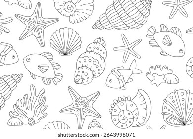 Tropical fish and seashells coloring page with underwater creatures, corals, and starfish. Hand-drawn ocean life vector illustration for kids coloring activities.