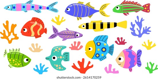 Tropical fish set. Cartoon fish. Exotic fish and coral