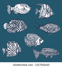 tropical fish set, hand drawing, vector illustration isolated on blue background vector