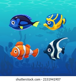 Tropical fish set. Vector fish icons on blue underwater background