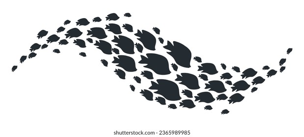 Tropical fish shoal. Cartoon exotic underwater fish swimming group, fish shoal silhouettes. Coral reef fauna shoal flat vector illustration