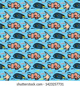 Tropical fish silhouette cartoon seamless vector pattern. Hand drawn ocean life tile. All over print for marine blue tang, angel fish, clownfish blog, nautical graphic, underwater animals home decor.