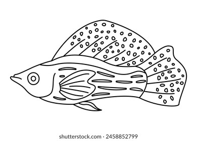 Tropical Fish. Simple Hand Drawn. Isolated on white background. line art drawing Art therapy Coloring page for kids and adults. Black and white Vector illustration