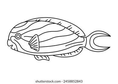 Tropical Fish. Simple Hand Drawn. Isolated on white background. line art drawing Art therapy Coloring page for kids and adults. Black and white Vector illustration