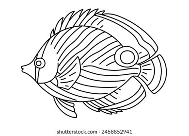 Peces tropicales. Simple Dibujado A Mano. Aislado sobre fondo blanco. dibujo de arte en línea Terapia de arte Página para colorear para niños y adultos. Ilustración vectorial en blanco y negro