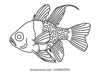 Tropical Fish. Simple Hand Drawn. Isolated on white background. line art drawing Art therapy Coloring page for kids and adults. Black and white Vector illustration