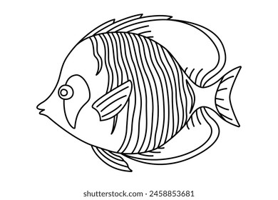 Tropischer Fisch. Einfach von Hand gezeichnet. Isoliert auf weißem Hintergrund. Linie Kunst Zeichnung Kunsttherapie Malerei Seite für Kinder und Erwachsene. Schwarz-Weiß-Vektorillustration