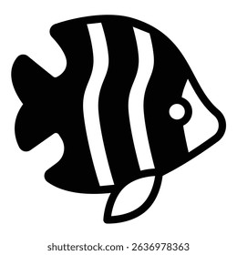 Tropical fish solid icon, eco tourism concept. Vector graphics. Underwater rare striped fish, fishery sign on white background, style mobile or design
