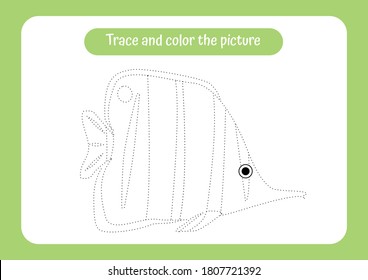 Tropical fish. Trace and color the picture.Educational game for children. Handwriting and drawing practice. Ocean theme activity for toddlers, kids. Vector illustration.