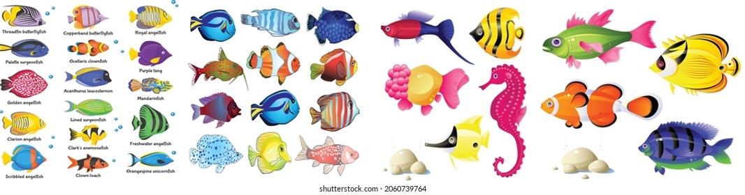 Tropical fish vector cartoon icon, Fish wave. Decorative flock of fish. Fish collection
