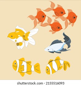 Tropical fish vector cartoon icon. Isolated cartoon icon aquarium animals. Vector illustration tropical golden fish, clown fish.
