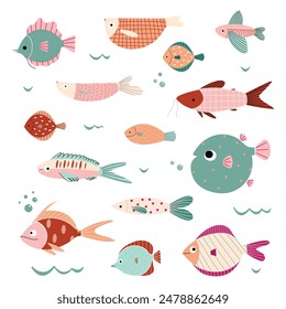 Tropical fish vector cartoon icon. Set with hand drawn sea life elements. Ocean collection