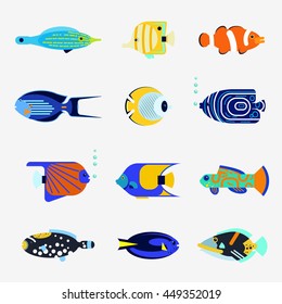 Tropical fish vector collection on white background. Vector flat illustration sea color tropical fish icon. Design various aquarium fish or tropical fish isolated