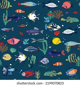 Tropical fish vector seamless pattern.