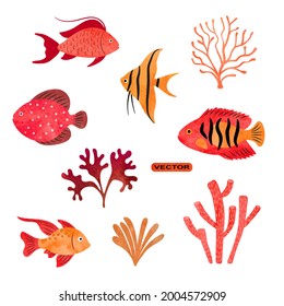 Tropical fish vector set. Coral reef watercolor collection of sea fish, seaweeds and corals.