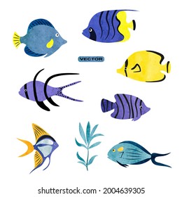Tropical fish vector set. Coral reef watercolor collection of sea fish and seaweeds isolated on white