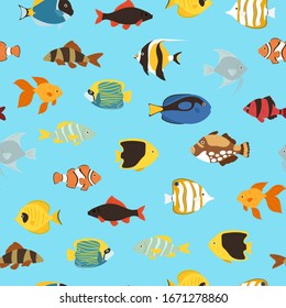 Tropical fishes coral reef for aquarium cartoon fishes seamless pattern cartoon vector illustration. Ornamental sea and ocean popular color fish background.