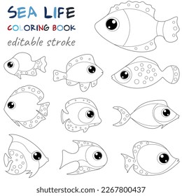 Tropical fishes. Original coloring pages of the underwater world. Black and white graphics for creativity of children and adults. 