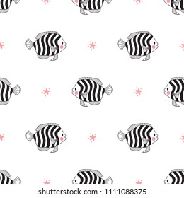 Tropical Fishes Seamless Pattern. Background for Kids with Hand drawn Doodle Cute Striped Fish and Stars. Cartoon Sea Animals Vector illustration in Scandinavian style