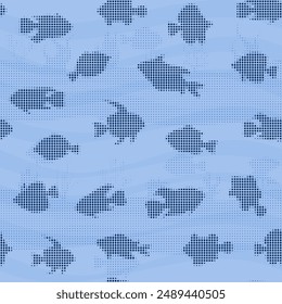 Tropical fishes, seamless pattern halftone dots silhouette style