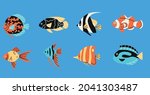 Tropical fishes simple elements collection. Oceanic wildlife flat isolated set. Different underwater fauna: goldfish, clownfish, angelfish in trendy flat design.