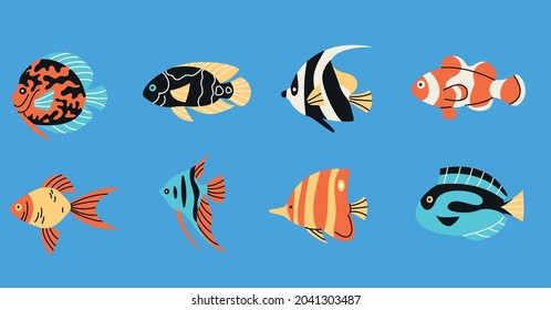 Tropical fishes simple elements collection. Oceanic wildlife flat isolated set. Different underwater fauna: goldfish, clownfish, angelfish in trendy flat design.