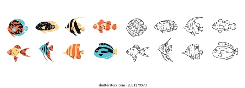 Tropical fishes simple elements collection. Oceanic wildlife flat isolated set. Different underwater fauna: goldfish, clownfish, angelfish in trendy flat design.