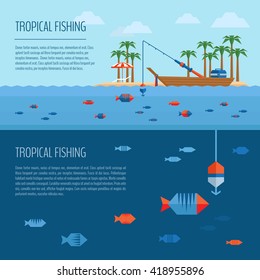 Tropical fishing banner. Summer season fishing concept. Fishing on the boat. Flat style, vector illustration.