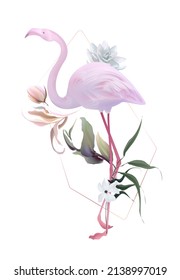 Tropical flamingo art, Wedding invitation frame set; flowers, leaves, watercolor. Sketched wreath, floral and herbs garland with green, palm leaves. Handdrawn Vector Watercolour style, nature art.